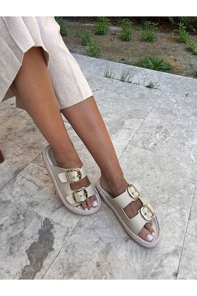 İnan Ayakkabı Women's Daily Slippers Double Strap Slippers Beige