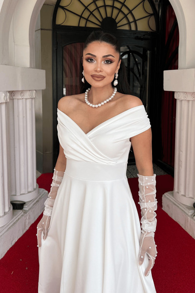 giyimmasalı Λευκό Midi Φόρεμα - Boat Neck Νέο Σχέδιο