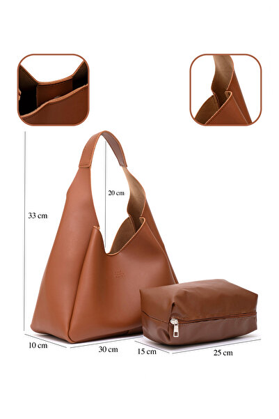 SHAKA Taba Shk19 Faux Leather Zippered Makeup Bag Hand and Shoulder Bag with Snap Closure E:33 L:15 W:10 Cm