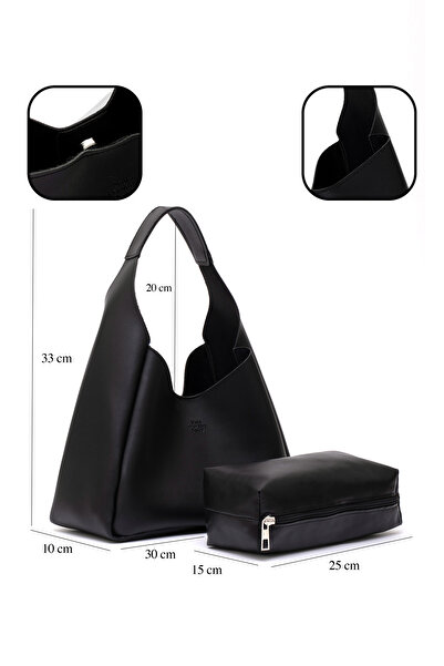 SHAKA Negru SHK19 din piele artificială, cu închidere rapidă, un singur compartiment, cu geantă de machiaj cu fermoar, geantă de mână, braț și umăr