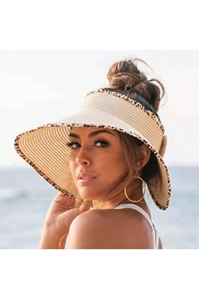 Luminos Butik Bej Güneş Koruyucu Leopar Şerit Detaylı Katlanabilir Hasır Vizör Şapka Hsr2076