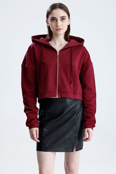 Sofist İstanbul Burgundy Essentials Fit Women's Zip Hoodie 100% Cotton Hooded Off Shoulder Zip Kangaroo Pocket