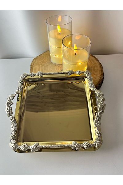 Moon Dizayn Silver Hook Handle Gold Design Coffee Presentation Tray Set 2 Pieces for 2 People