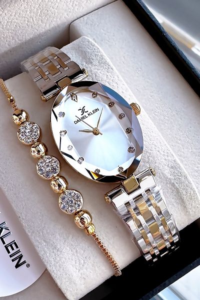 Daniel Klein Oval Case Waterproof Women Wristwatch Gold Silver Color Steel Band Gift Bracelet Dkby2034C2