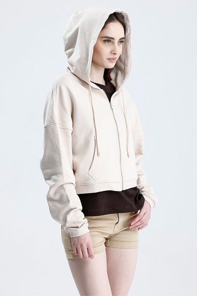 Sofist İstanbul Ecru Essentials Fit Women's Zip Hoodie 100% Cotton Hooded Off Shoulder Zip Kangaroo Pocket