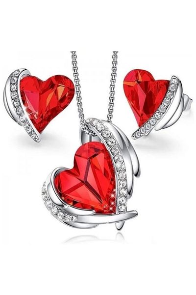 Kelan Set Silver Necklace Pendant Earrings With Swi Elements Big Heart Royal Red