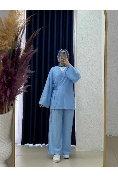 MİHRA STORE بدلة فينمورا كيمونو جانبية مع ربطة عنق - EK544 أزرق