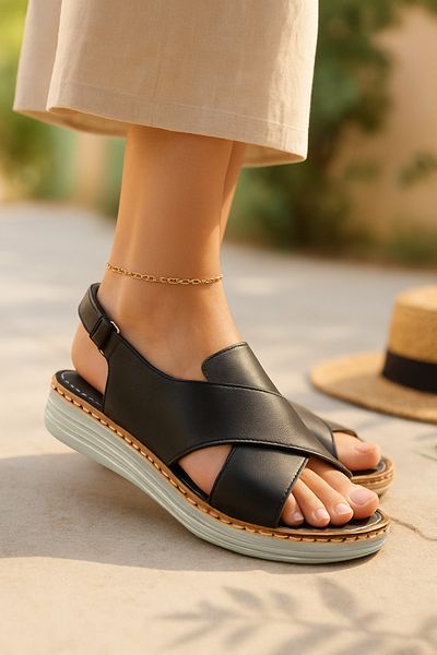 Cristante Zappella Women's Black Orthopedic Genuine Leather Slippers – Comfortable Anatomical Sole Slippers