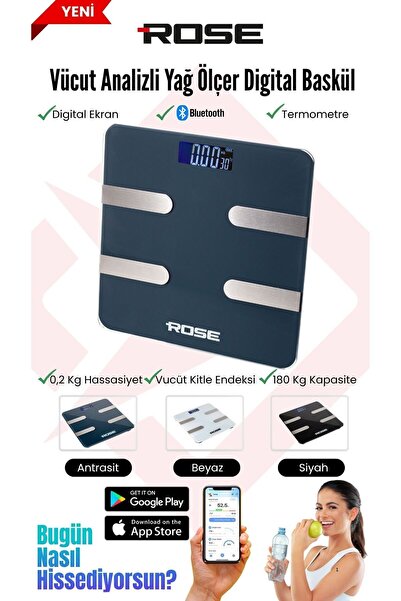 Rose Smart Life Yağ Ölçer Fonksiyonlu Akıllı Bluetooth Tartı - Siyah