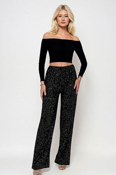 Moda Anna Women's Black Evening Dress Pants - Sequins Sequins and Lined, for Wedding Party