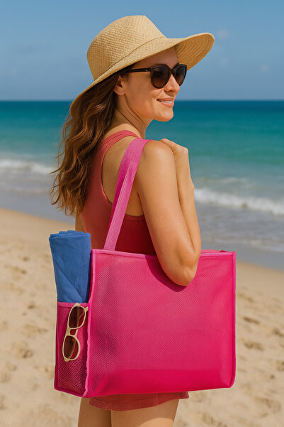 PAWWAYS Büyük Boy Kum Tutmayan Pembe Renk File Plaj Çantası Ve Alışveriş Çantası