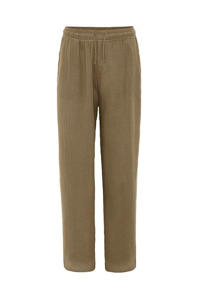 VAMOSCLO Baggy Fit Muslin Linen Trousers Khaki