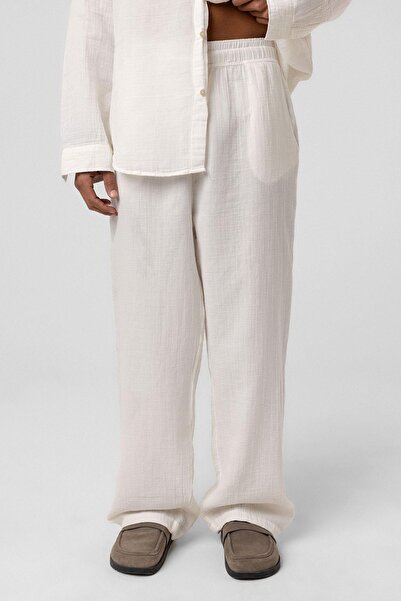 VAMOSCLO Baggy Fit Müslin Keten Pantolon Ekru