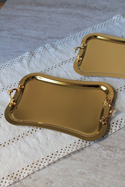 Moon Dizayn Dikdörtgen Gold Tepsi Kavisli Kenar Titanyum Kaplama Kahve Sunum Tepsisi