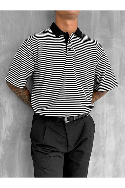 ablukaonline Ανδρικό μπλουζάκι με ριγέ γιακά πόλο Oversize μαύρο
