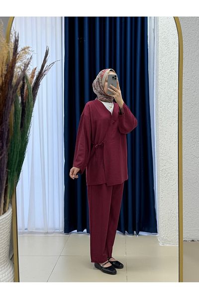 MİHRA STORE Vinmora Side Tie Kimono Strawberry Suit-Ek544 Burgundy
