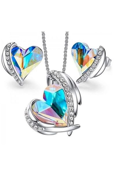 Kelan Set Silver Necklace Pendant Earrings With Swi Elements Big Heart Royal Rainbow