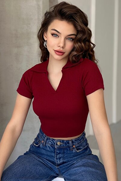 New Now قميص بولو نسائي حياكة مضلعة كروب بودي |   قصة ضيقة تي شيرت بأكمام قصيرة