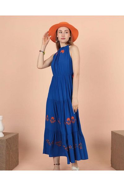 EL jadida Women's Halter Neck Embroidered Plus Size Viscose Long Dress Saks