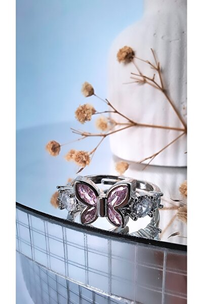Serenity Pink White Zircon Stone Steel Ring with Butterfly Figure