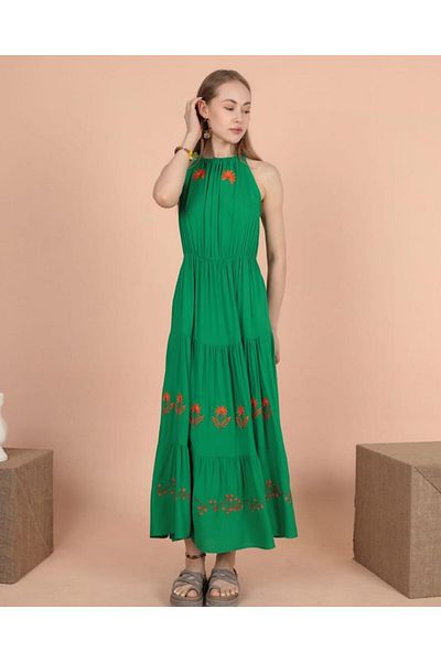 EL jadida Women's Halter Neck Embroidered Plus Size Viscose Long Dress Green