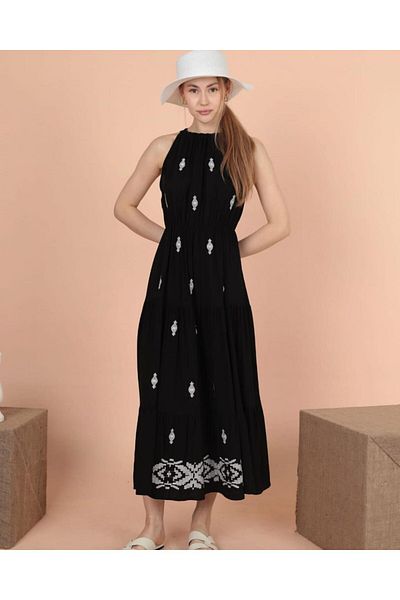EL jadida Women's Halter Neck Embroidered Plus Size Viscose Long Dress Black White