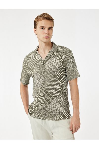 Koton Regular Fit Short Sleeve Turn-Down Collar Ethnic Pattern Shirt