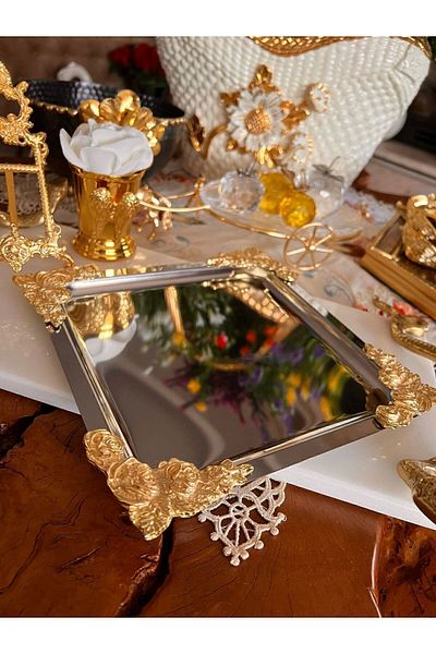 LOKMAN ZÜCCACİYE Silver Gold Detailed 18/10 Steel Coffee Presentation Tray 1 Piece