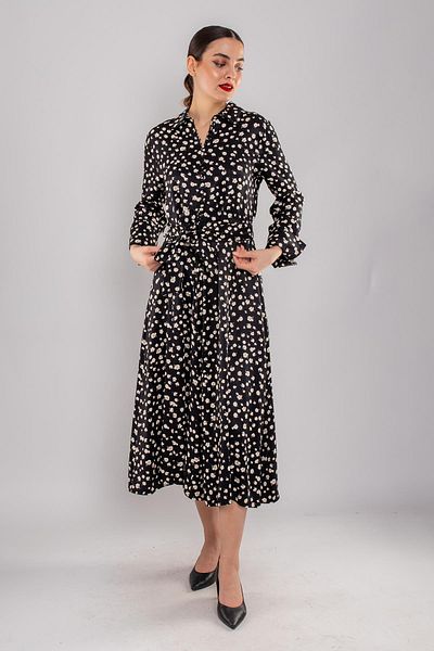 AYHAN 61907 Satin Flower Pattern Buttoned Belted Long Dress