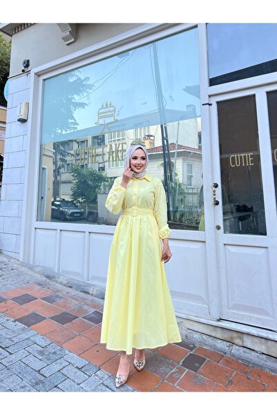 RİELLA Gömlek Yakalı Tesettür Elbise-sarı