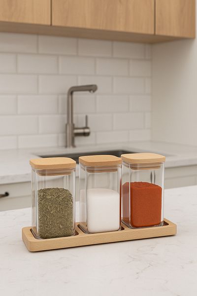 LUMİNA Bamboo 3-Piece Spice Rack Set - Hard Plastic Bamboo Wood Set - 7 Pieces