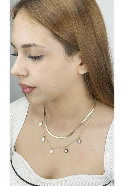 Neon Takı by Atalay Sensitive Tag and Italian Chain, Roman Numeral, Double Stainless Steel Necklace 398, Gold Color