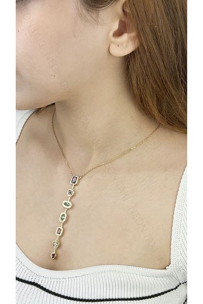 Neon Takı by Atalay Sensitivity Tag and Y Necklace, Multicolor, Stainless Steel 386, Case Gold Color