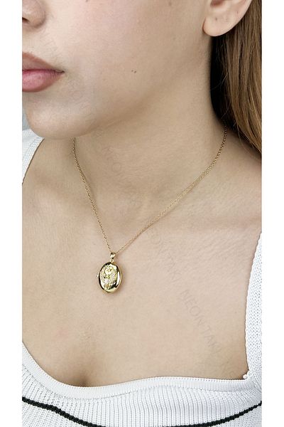 Neon Takı by Atalay Sensitivity Tag and Zircon Stone, Alya, Cap, Stainless Steel Necklace 387, Gold Color