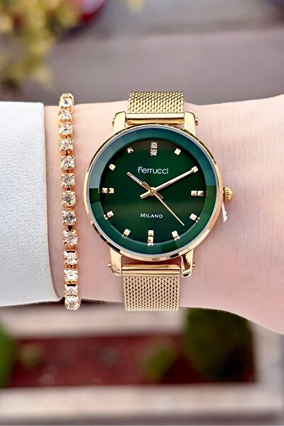 Ferrucci Kadranı Yeşil Kordonu Sarı Renk 24 Ay Garantili Kadın Kol Saati Ve Bileklik