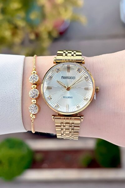 Ferrucci Sarı Renk 24 Ay Garantili Kadın Kol Saati Ve Bileklik