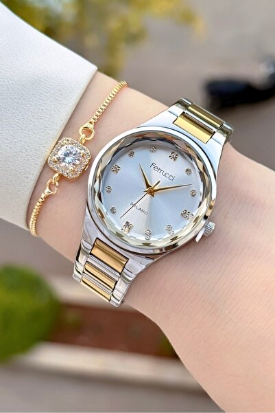 Ferrucci Altın Metalik Renk 2 Yıl Garantili Kadın Kol Saati Ve Bileklik