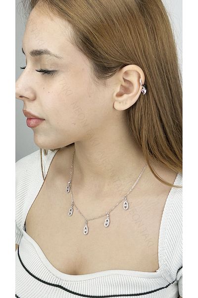 Neon Takı by Atalay Sensitivity Tag and Zircon Stone, Paper Clip, Dangle, Five, Steel Necklace 390, Silver Color