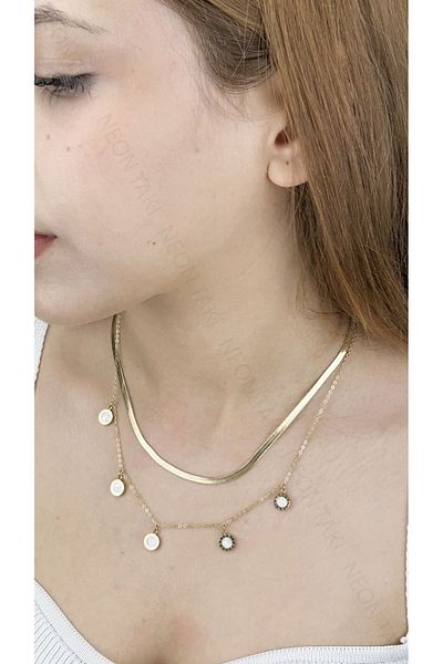 Neon Takı by Atalay Sensitive Tag and Italian Chain, Roman Numeral, Double Stainless Steel Necklace 398, Gold Color