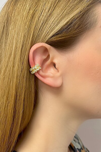 Bijou Luz Gold Yaprak Desen Zirkon Taşlı Earcuff