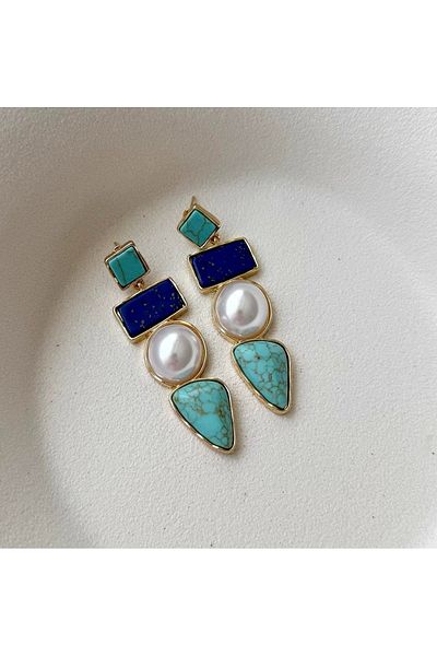 mos&more Blue Stylish Women's Earrings with Gold Pearl