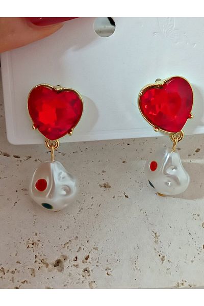 mos&more Gold Red Heart Pearl Stylish Women's Earrings