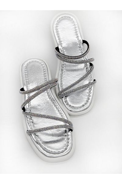 MAGGIO White Stoned Thin Stripe Women's Slippers - Suitable for Summer, Beach and Daily Vacation
