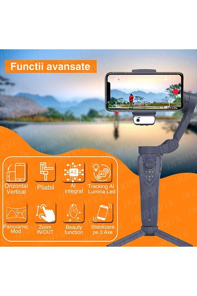 INOMEVIX Phone Stabilizer, 3-Axis Gimbal, AI Control, Face Tracking, LED, Tripod, App