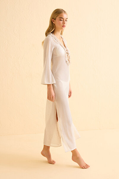 AQUELLA Zigzag Patterned Ruffled Beige Dress