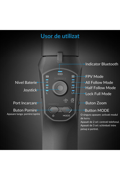 INOMEVIX Stabilizator Imagine, Gimbal Telefon 3 Axe, Functie De Control Al, Led, Trepied Inclus, App