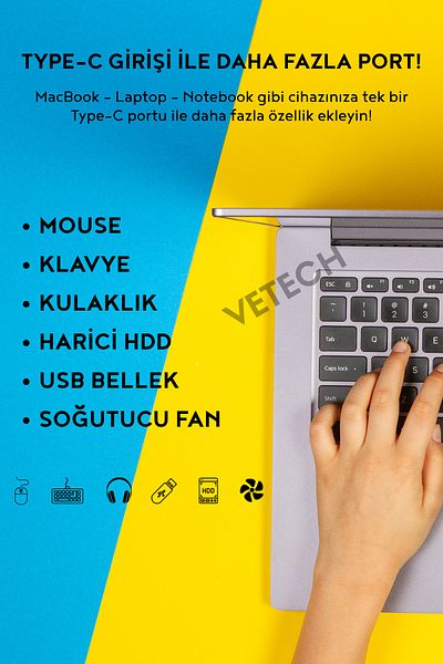 Vetech ماك بوك برو اير متوافق مع USB Type-C 8 Hub محول محول معدد USB HDMI Micro SD 8in1