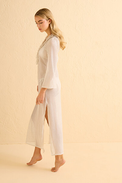 AQUELLA Zigzag Patterned Ruffled Beige Dress