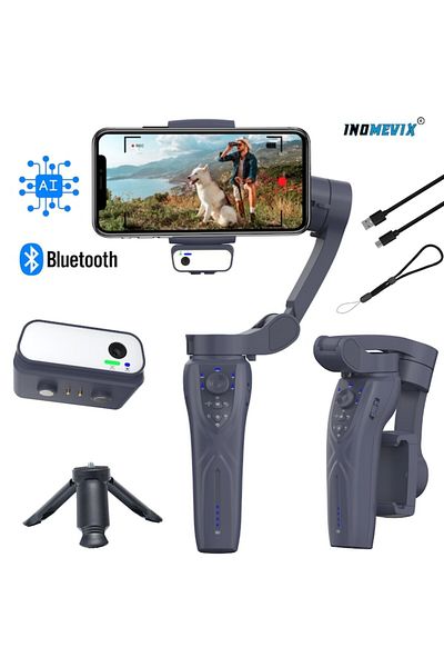 INOMEVIX Phone Stabilizer, 3-Axis Gimbal, AI Control, Face Tracking, LED, Tripod, App