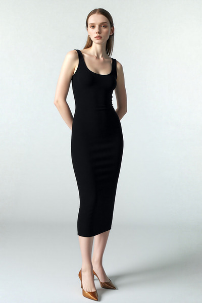 LinLady Midi Elbise Likralı Siyah Vücuda Oturan Elbise Kolsuz Midi Elbise – K...